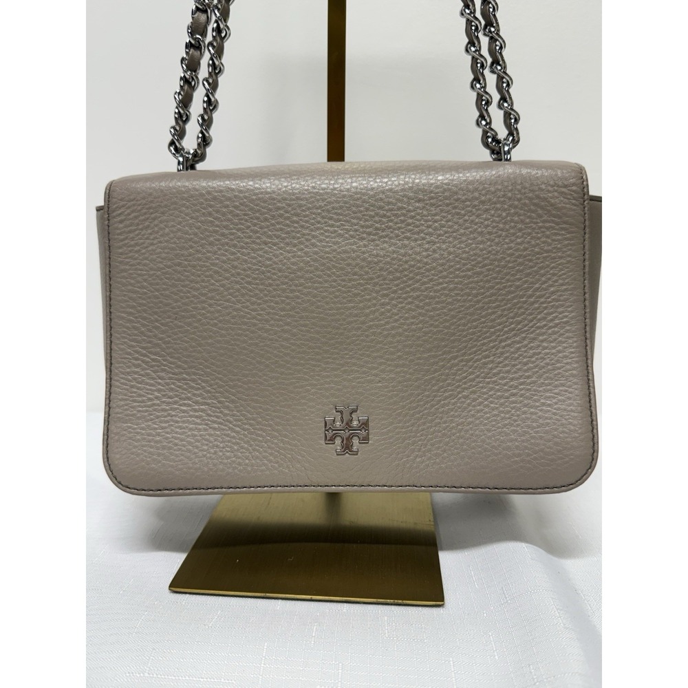 Tory Burch Gray Pebbled Leather Chain Shoulder‎ Bag Flap Crossbody Designer